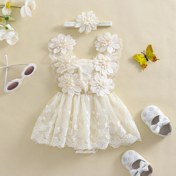 Lacey Baby Special Occasion Romper Dress with Matching Flower Headband
