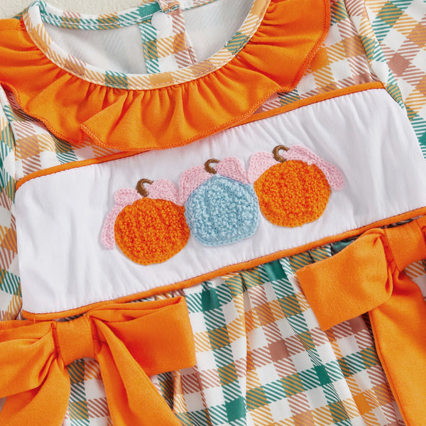 Pumpkin Trio Checked Romper for Baby Girls