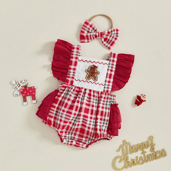 Gingerbread Cookie Plaid Holiday Romper for Baby Girls