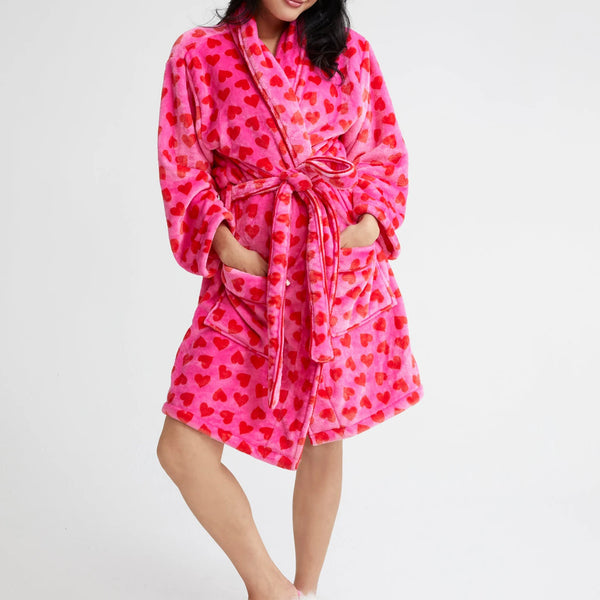 Multi-Heart Print Pink Plush Kimono Robe