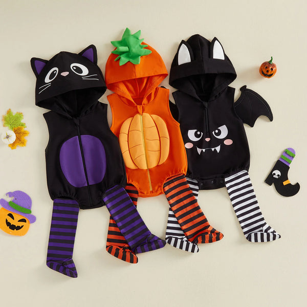 The Cat, The Gourd, & The Bat Romper Costume Sets for Baby & Toddler Girls
