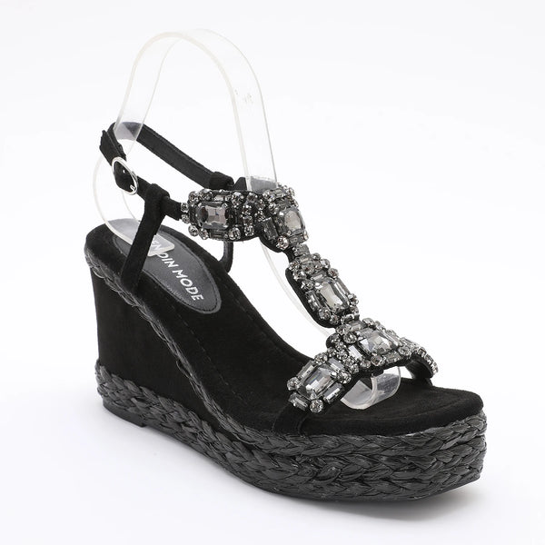 Greta Brushed Suede T-Strap Jeweled Sandal