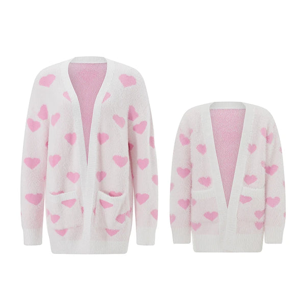 Momma & Me Open Front Super Soft Heart Print Cardi with Pockets