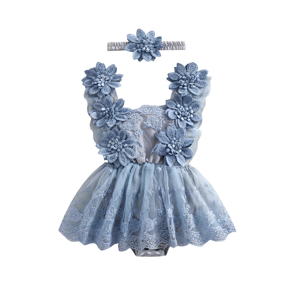 Lacey Baby Special Occasion Romper Dress with Matching Flower Headband
