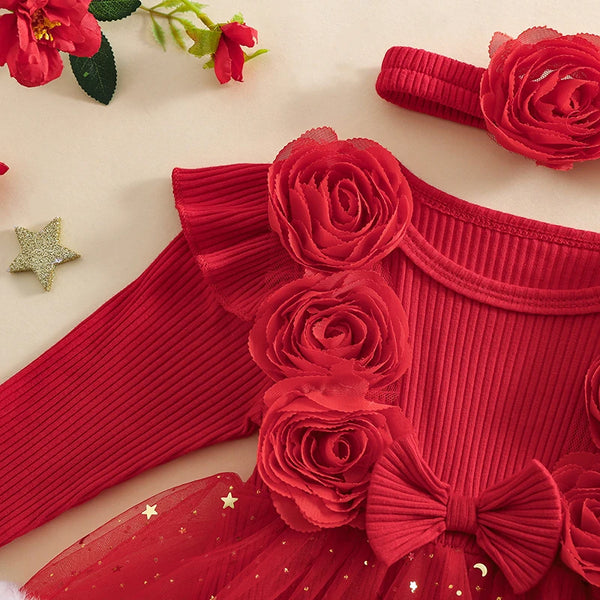 Sparkly Rosette Christmas Romper Dress for Baby Girls