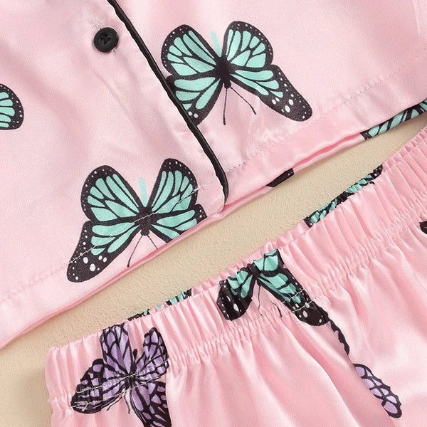 Pink Mariposa Satin Pjs for Toddler & Little Girls