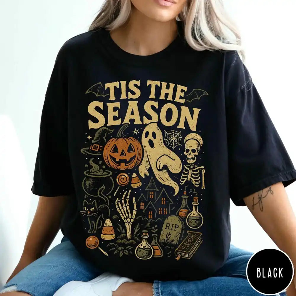 'Tis the Season Retro Wash Halloween Tee for Women & Teens