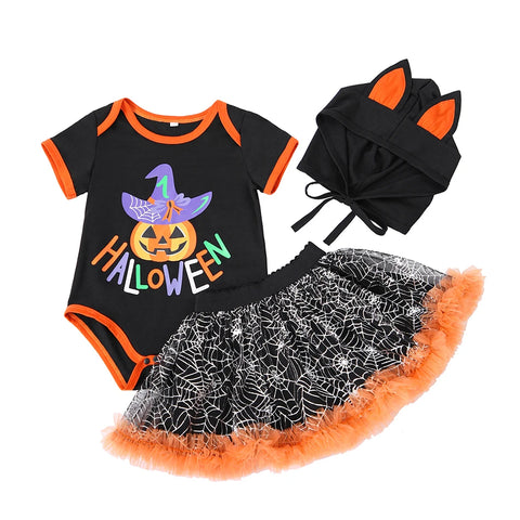 Halloween Pumpkin Onesie, Bat Ears Hat, and Tutu Set for Baby Girls