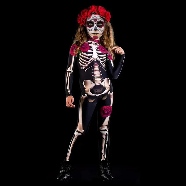 Momma & Me El Dia De Los Muertos Skeleton Rose Jumpsuit Costume for Women & Girls