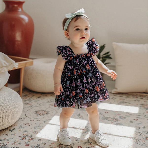 Halloween Butterfly Sparkly Black Tulle Dress with Sparkly Black Wings for Baby Girls