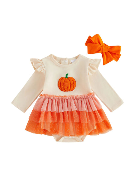 Pumpkin Princess Fall Romper Dress for Baby & Toddler Girls