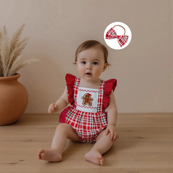 Gingerbread Cookie Plaid Holiday Romper for Baby Girls