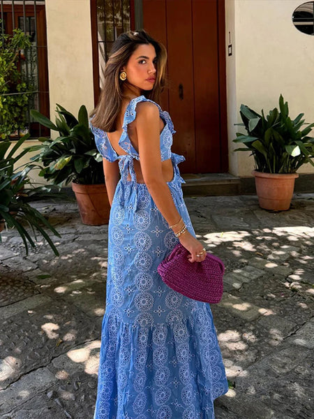 Women's Boho Blue Side Cut-Out Ruffle Dress