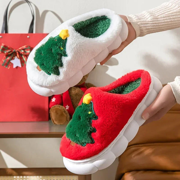 Fluffy Christmas Tree Slippers for Women & Teens