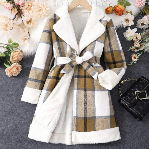 Girls' & Tweens' Longline Plaid Jacket with Tie Waist