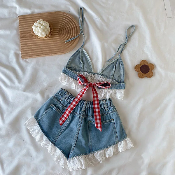 The Tally Denim Ruffle Halter Top & Shorts Outfit for Girls & Teens