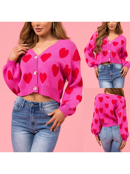 Women's Heart Print Cropped Sweater Cardi