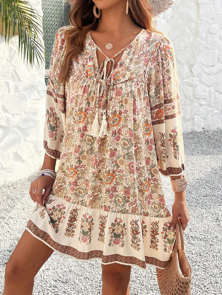boho shift dress Women's Boho Floral Sleeveless V-Neck Button Front Spring Shift Dress, Teal / XL