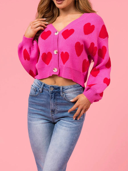 Women's Heart Print Cropped Sweater Cardi