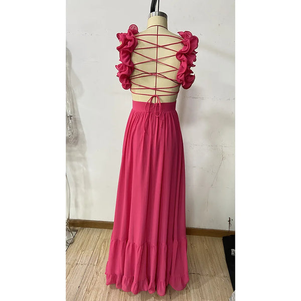 Floral Strappy Back Zig-Zag Side Cut-Out Formal Dress for Women