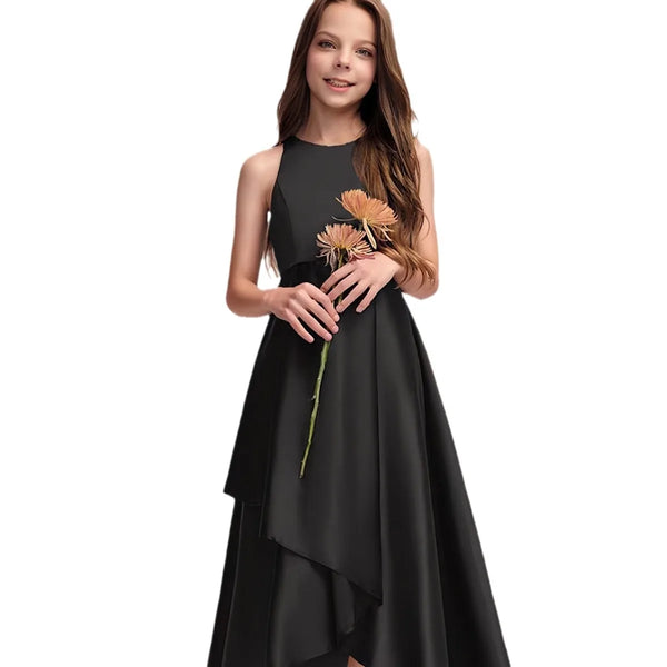 Agatha Sleeveless Black Satin Semi-formal Dress for Girls