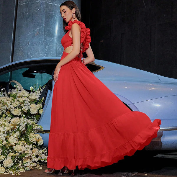 Floral Strappy Back Zig-Zag Side Cut-Out Formal Dress for Women