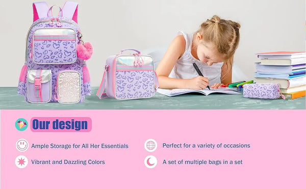 Girls Heart Leopard Print Backpack Set