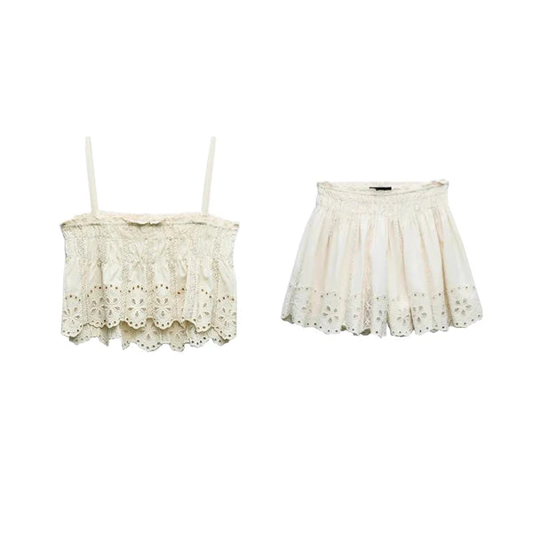 Elle Ivory Embroidered Eyelet Matching Top & Shorts for Women
