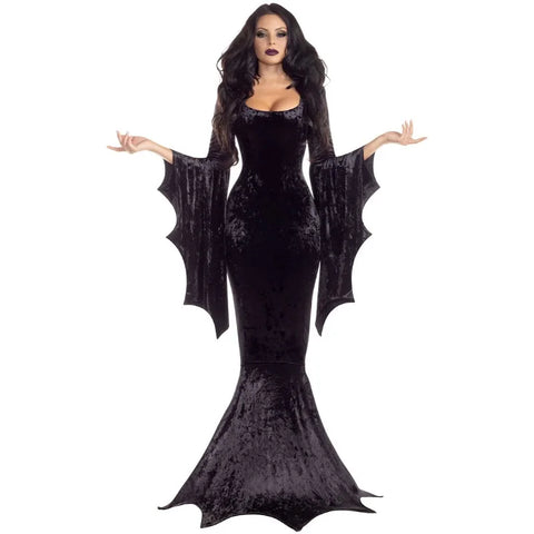 Lady Morticia Addams Long Train Velvet Dress Costume