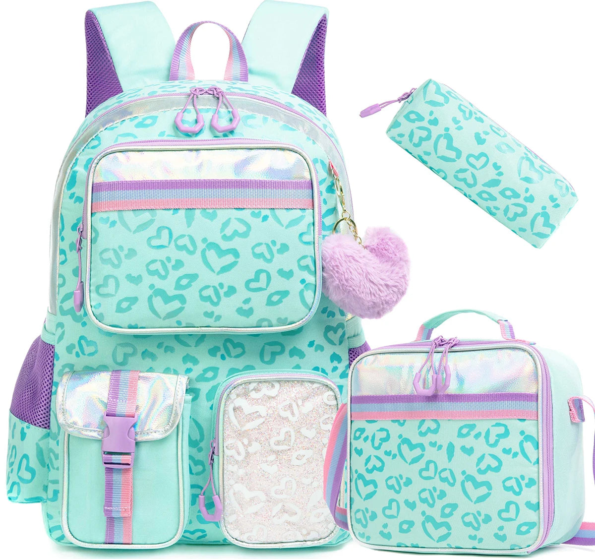 Girls Seafoam with Teal Heart Leopard Print Backpack Set