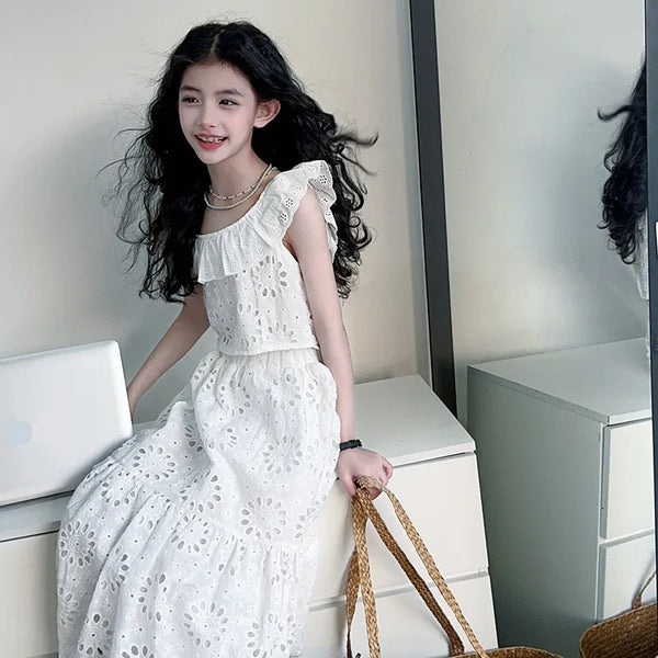 Coquette White Eyelet Matching Bardot-Style Top & Long Skirt Set for Girls