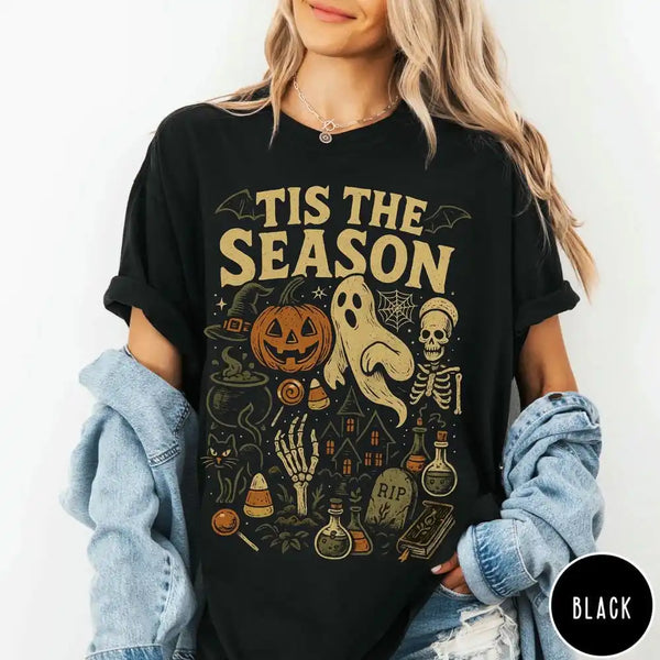 'Tis the Season Retro Wash Halloween Tee for Women & Teens