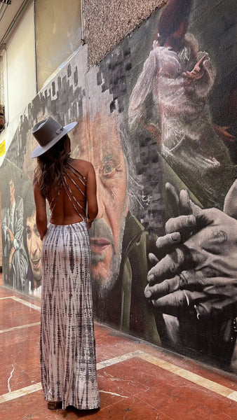 Blurred Lines Strappy Backless Soft Black Tie Dye Maxi for Women & Teens