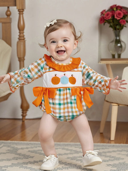 Pumpkin Trio Checked Romper for Baby Girls