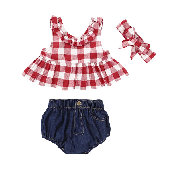 The Ashley Red/White Plaid Peplum Top with Matching Denim Bloomers for Toddler Girls