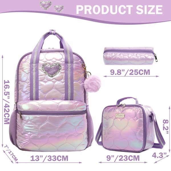 Girls Quilted Shiny Iridescent Heart Backpack Set