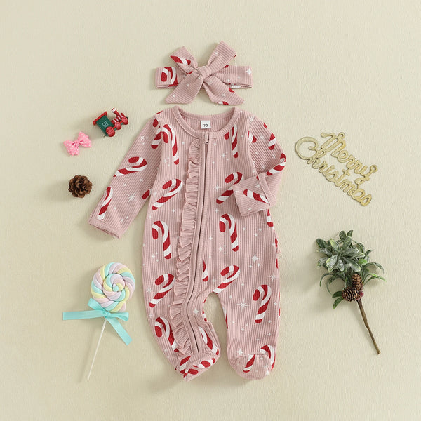 Christmas Print Adorable Holiday Lounge Footed Romper with Matching Bow