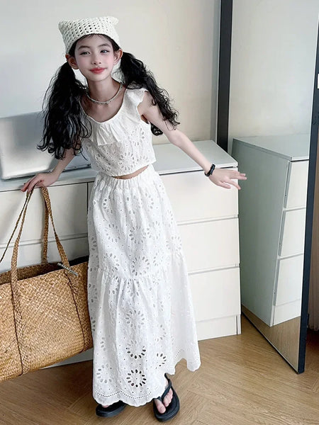 Coquette White Eyelet Matching Bardot-Style Top & Long Skirt Set for Girls
