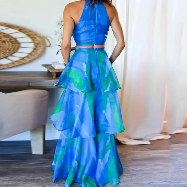 Ciara Blue Green Ruffle Skirt and Crop Top Set