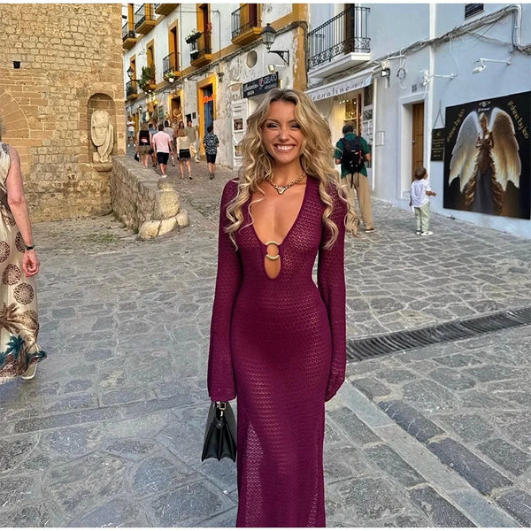 Salome Long Sleeve Crochet Swim Cover-Up Dress