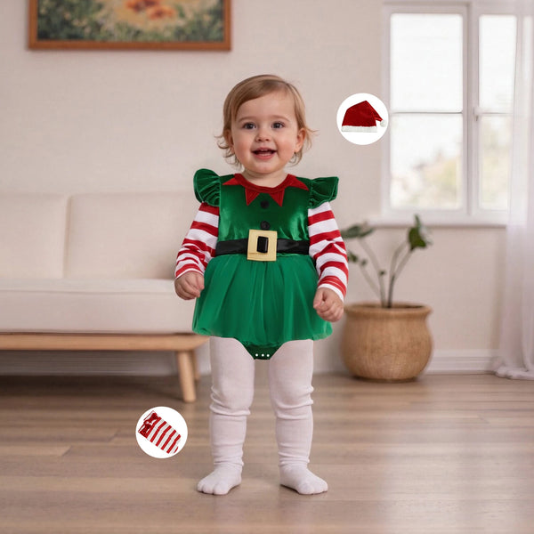 Little Elfin Christmas Elf Romper Outfit Set for Baby Girls