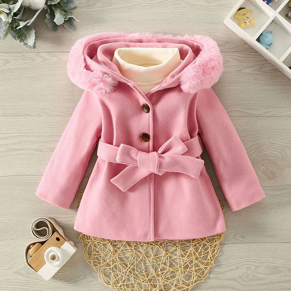 Oui Bella Belted Wool Jacket with Removeable Faux-Fur Hood for Little Girls