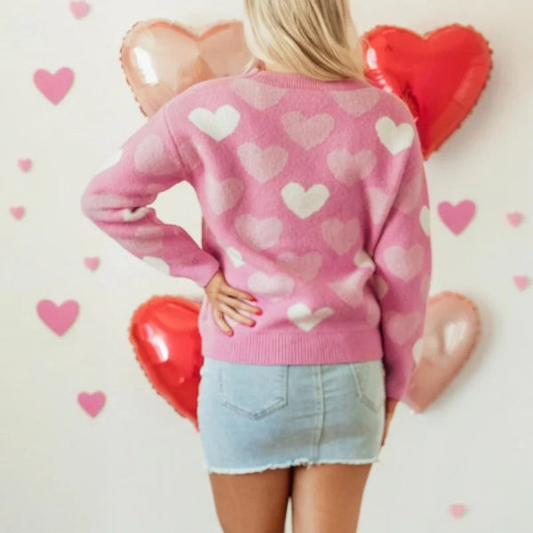 Momma & Me Matching Pink White Pearl Hearts Sweater for Girls & Women