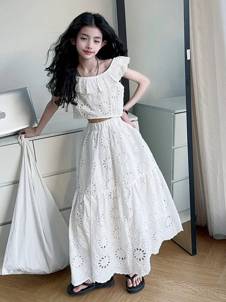 Coquette White Eyelet Matching Bardot-Style Top & Long Skirt Set for Girls