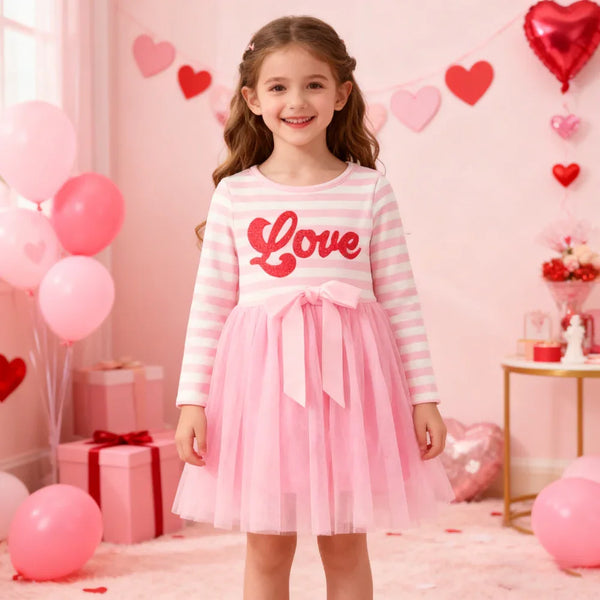"Love" Pink Striped Tulle Twirl Dress for Girls