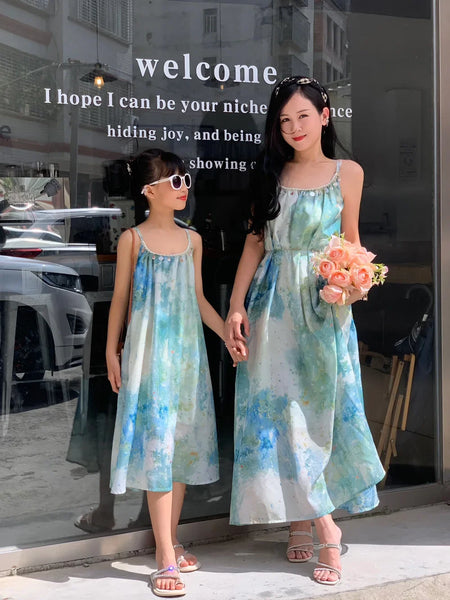Momma & Me Matching: Aqua Splash Loose and Flowy Midi Beach Dress