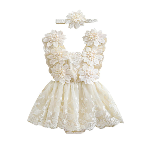 Lacey Baby Special Occasion Romper Dress with Matching Flower Headband