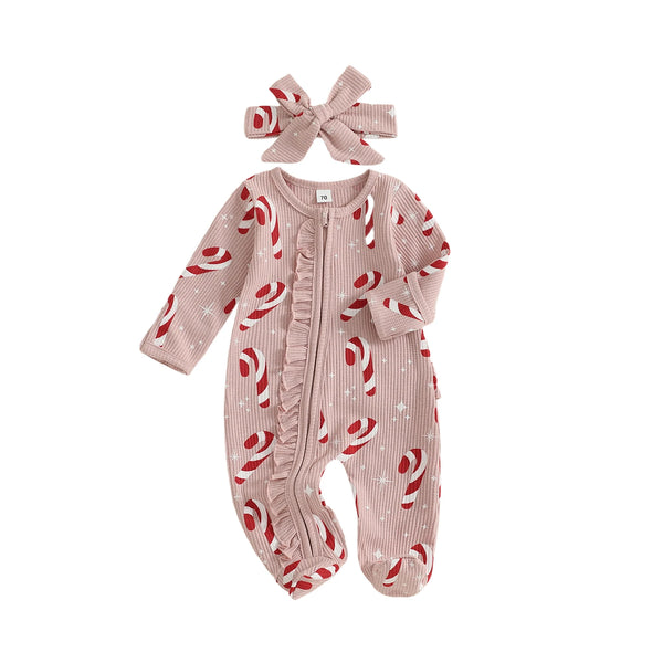 Christmas Print Adorable Holiday Lounge Footed Romper with Matching Bow