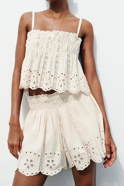 Elle Ivory Embroidered Eyelet Matching Top & Shorts for Women