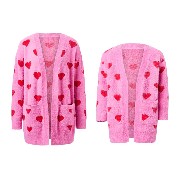 Momma & Me Open Front Super Soft Heart Print Cardi with Pockets